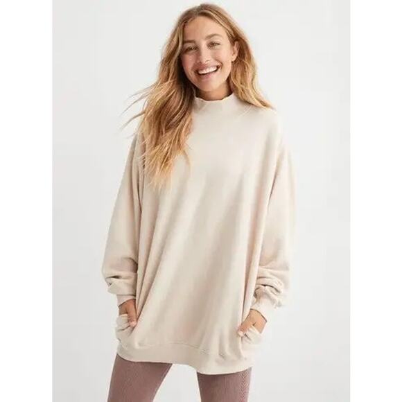 Aerie The Sweat Everyday Mock Neck Sweatshirt Cream Tan Ribbed Turtleneck M - Picture 1 of 6